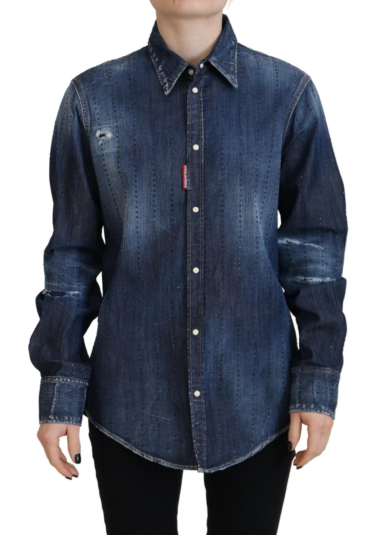 Experience the allure of the Dsquared² Blue Washed Cotton Button Down Top, where Italian craftsmanship meets luxurious comfort, perfect for the discerning individual.