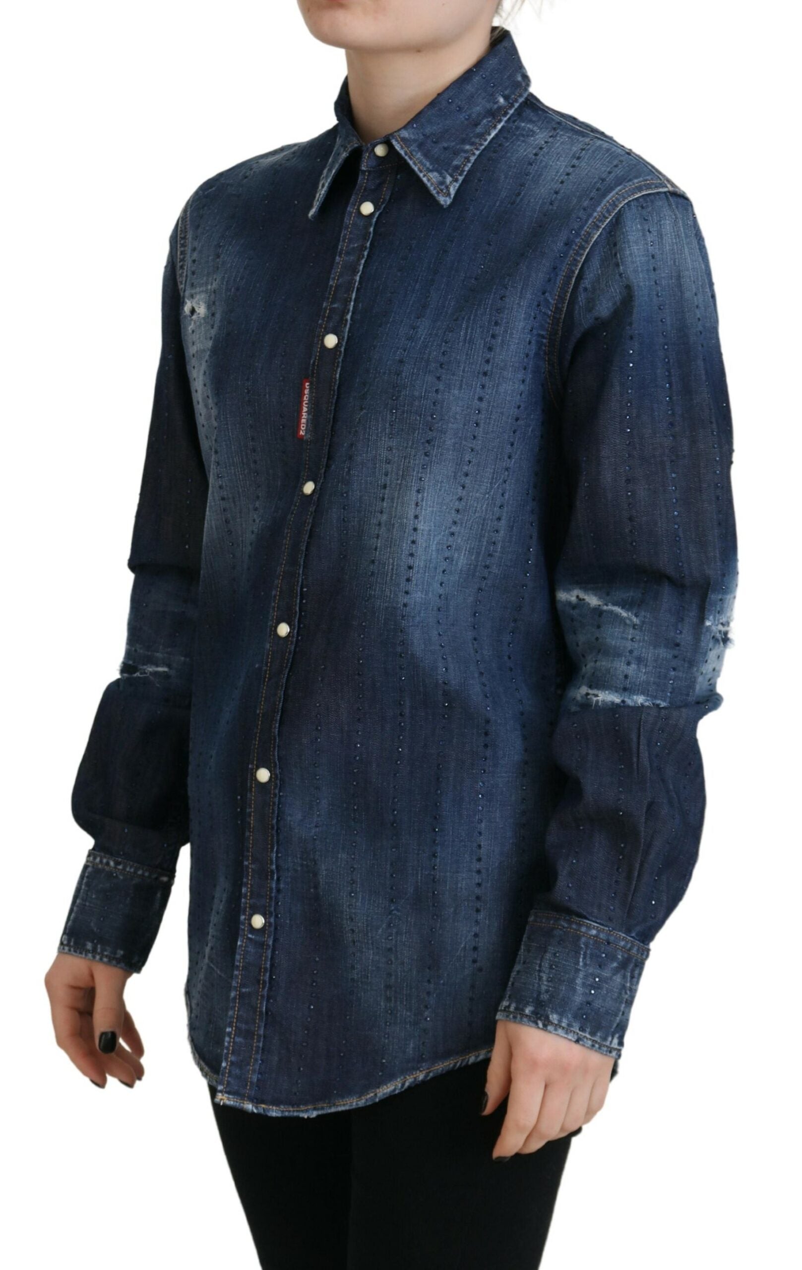 Experience the exquisite allure of the Dsquared² Blue Washed Cotton Button Down Top, crafted in Italy from a luxurious cotton-elastane blend, embodying timeless elegance and sophisticated versatility.