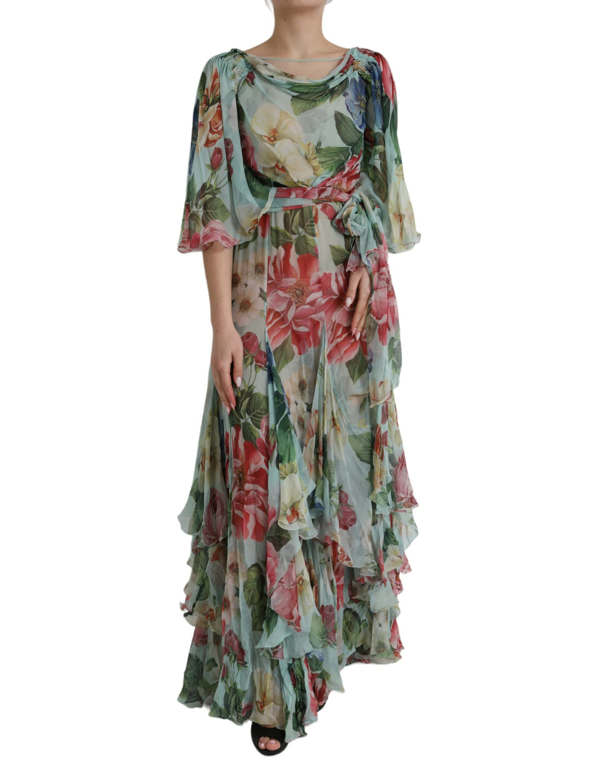 Indulge in the exquisite Dolce & Gabbana Blue Floral Print Tiered Long Maxi Dress, a silk masterpiece that embodies luxury and elegance, perfect for any refined occasion.