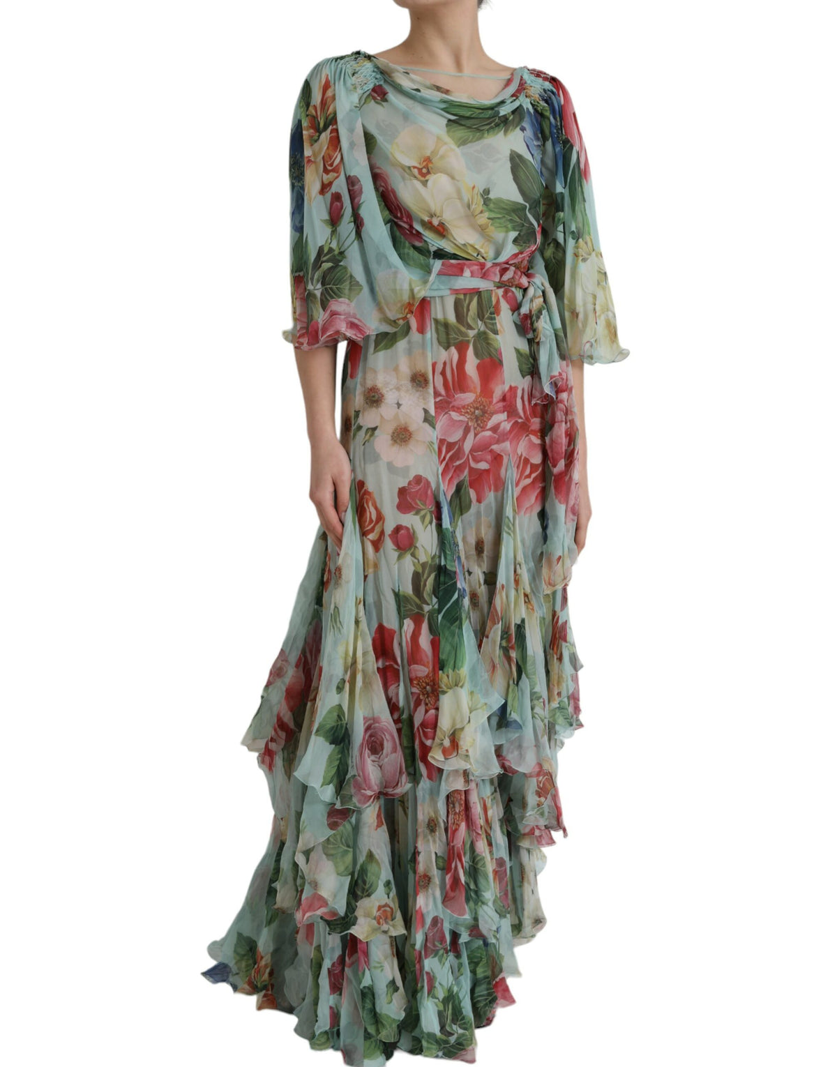 Indulge in the exquisite Dolce & Gabbana Blue Floral Print Tiered Long Maxi Dress, crafted from luxurious silk, embodying elegance and artistry for unforgettable moments.
