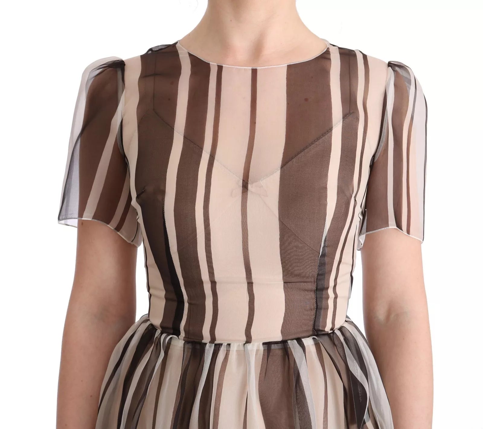 Experience the allure of the Dolce & Gabbana Beige Brown Striped Silk Sheath Dress, a masterpiece of Italian craftsmanship that embodies timeless elegance and sophistication.
