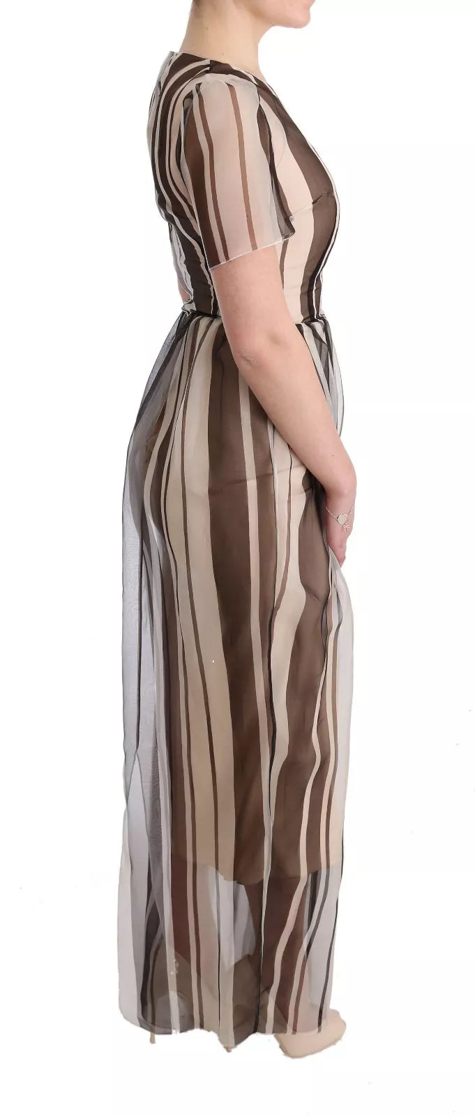 Elevate your wardrobe with the Dolce & Gabbana Beige Brown Striped Silk Sheath Dress, a masterpiece of Italian craftsmanship that embodies timeless elegance and allure.