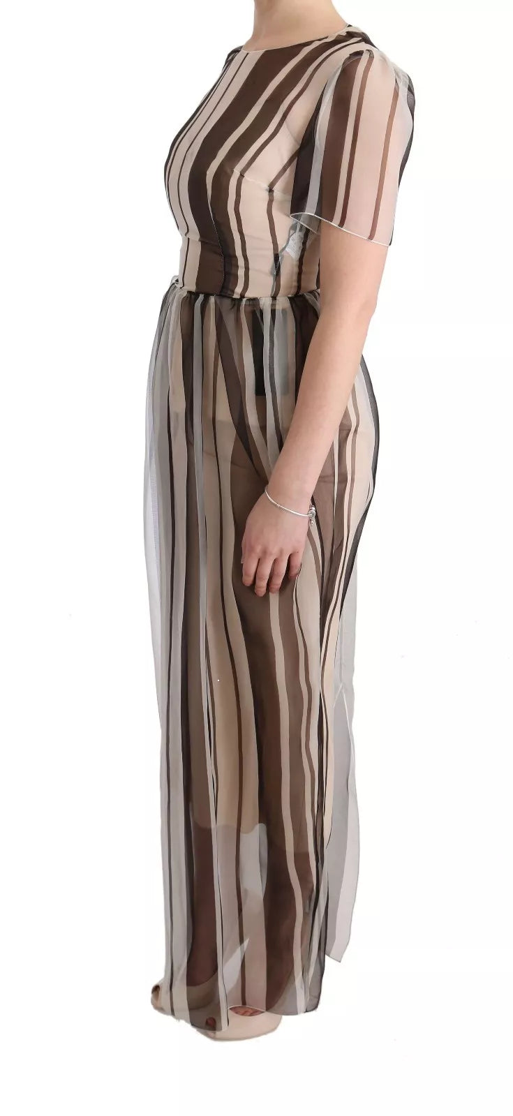 Discover the Dolce & Gabbana Beige Brown Striped Silk Sheath Dress, a masterpiece of Italian craftsmanship that embodies timeless elegance and luxurious allure.