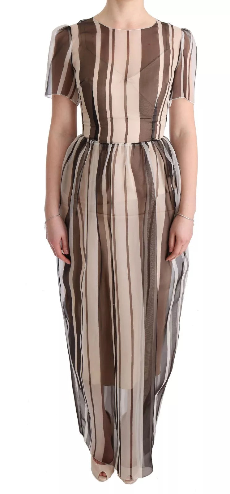 Experience the exquisite allure of the Dolce & Gabbana Beige Brown Striped Silk Sheath Dress, a masterpiece of Italian craftsmanship that embodies timeless elegance and sophistication.