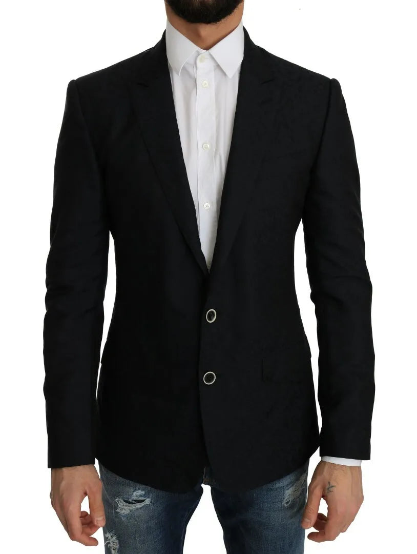 Elevate your style with the Dolce & Gabbana Blue Jacquard Slim Floral Jacket Blazer, a masterpiece of Italian craftsmanship in luxurious wool and silk, perfect for any sophisticated occasion.