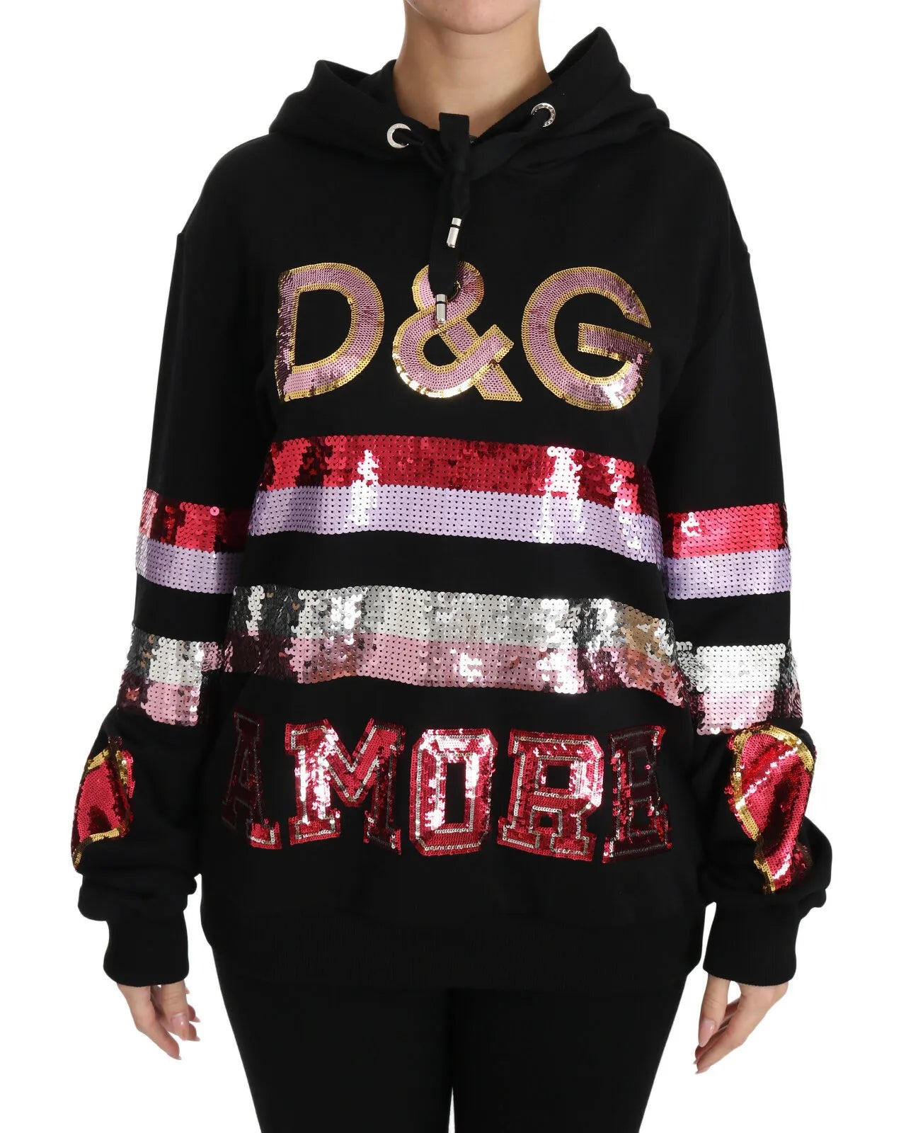 Indulge in the exquisite Dolce & Gabbana DG Sequined Hooded Pullover Sweater, a masterpiece of Italian craftsmanship, blending luxury and allure for the discerning fashion connoisseur.