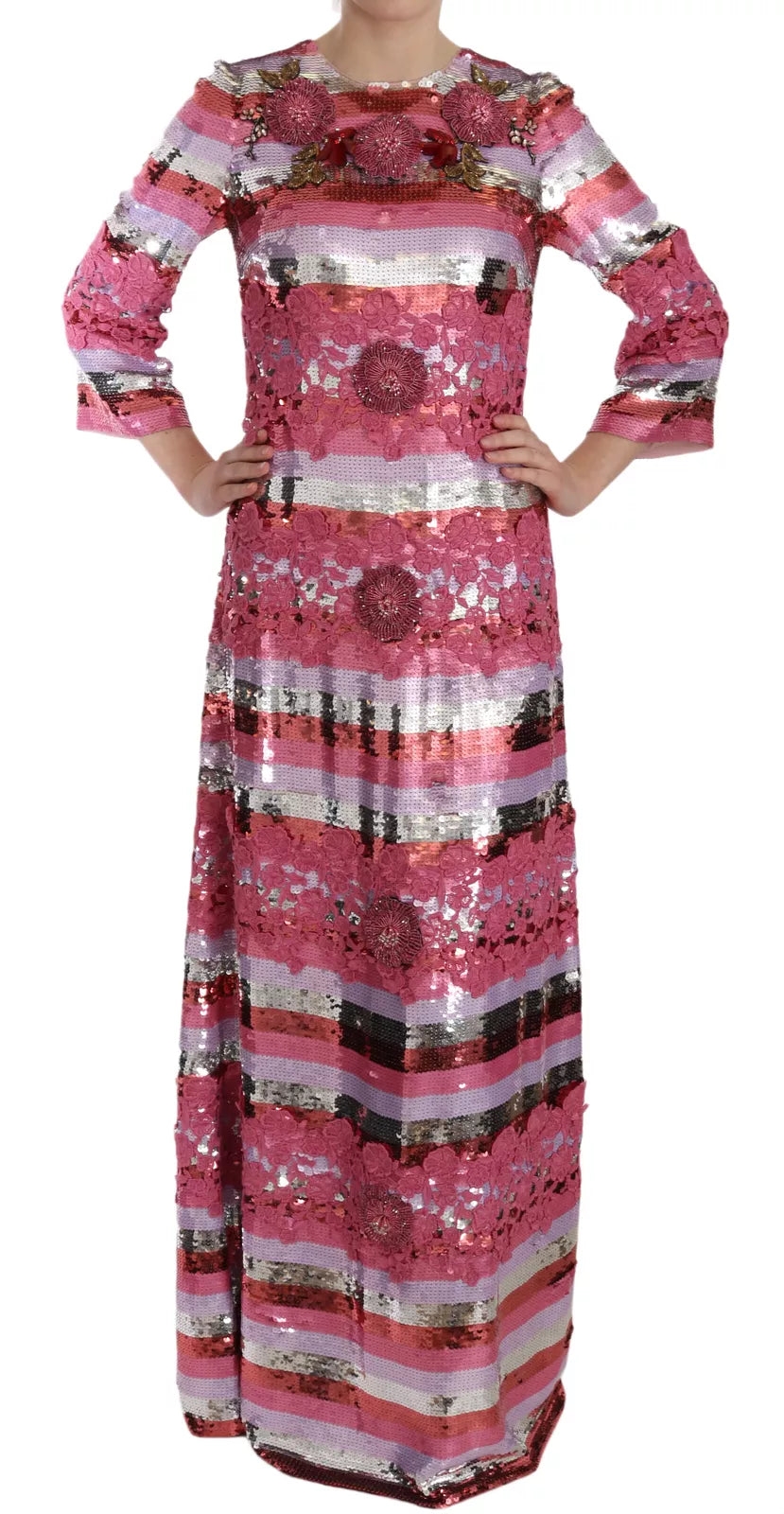 Discover the exquisite Dolce & Gabbana Pink Floral Sequined Crystal Gown, a limited edition masterpiece in luxurious silk, embodying haute couture elegance and timeless allure.