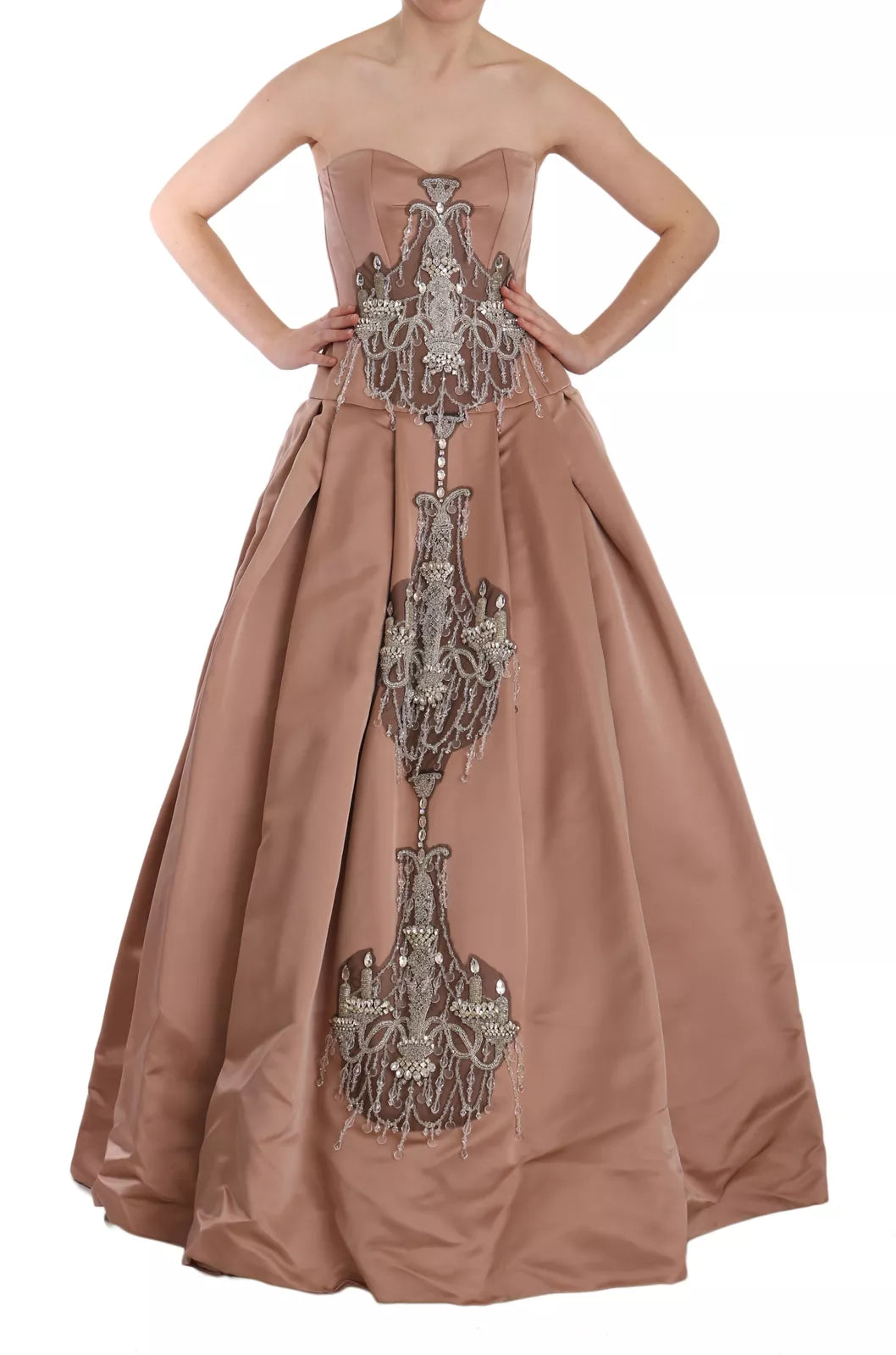 Indulge in the exquisite allure of the Dolce & Gabbana Crystal Pink Silk Chandelier Ball Gown, a masterpiece of Italian craftsmanship that embodies timeless elegance and sophistication.