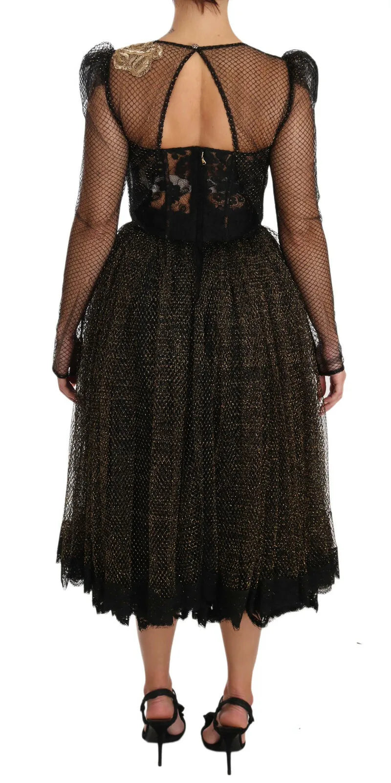 Indulge in the exquisite allure of the Dolce & Gabbana Black Gold Crystal Heart A-line Dress, where luxurious silk and Baroque embroidery elevate your elegance for any occasion.