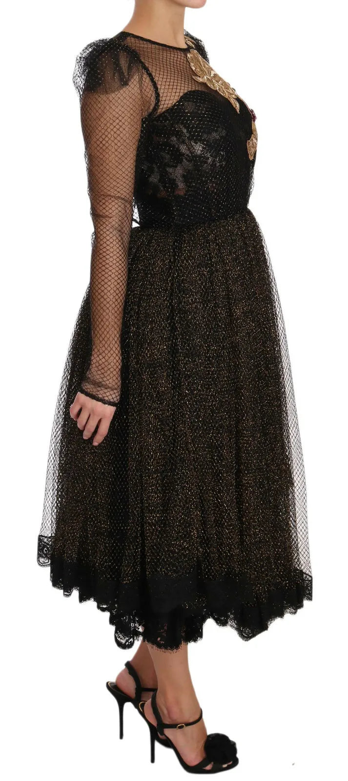 Discover the Dolce & Gabbana Black Gold Crystal Heart A-line Dress, where exquisite Baroque embroidery meets luxurious silk, embodying timeless elegance for unforgettable moments.