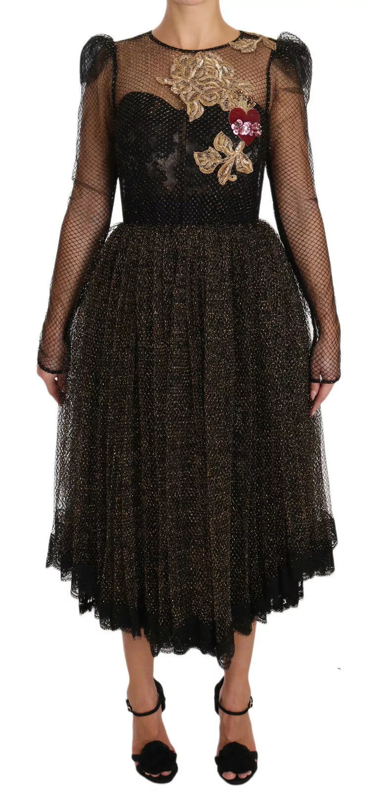 Experience the allure of the Dolce & Gabbana Black Gold Crystal Heart A-line Dress, a masterpiece of Baroque embroidery and luxurious silk, perfect for unforgettable moments.
