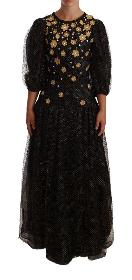 Discover the Dolce & Gabbana Black Crystal Floral Maxi Ball Gown, a masterpiece of silk and crystal, embodying elegance and sophistication for unforgettable moments.