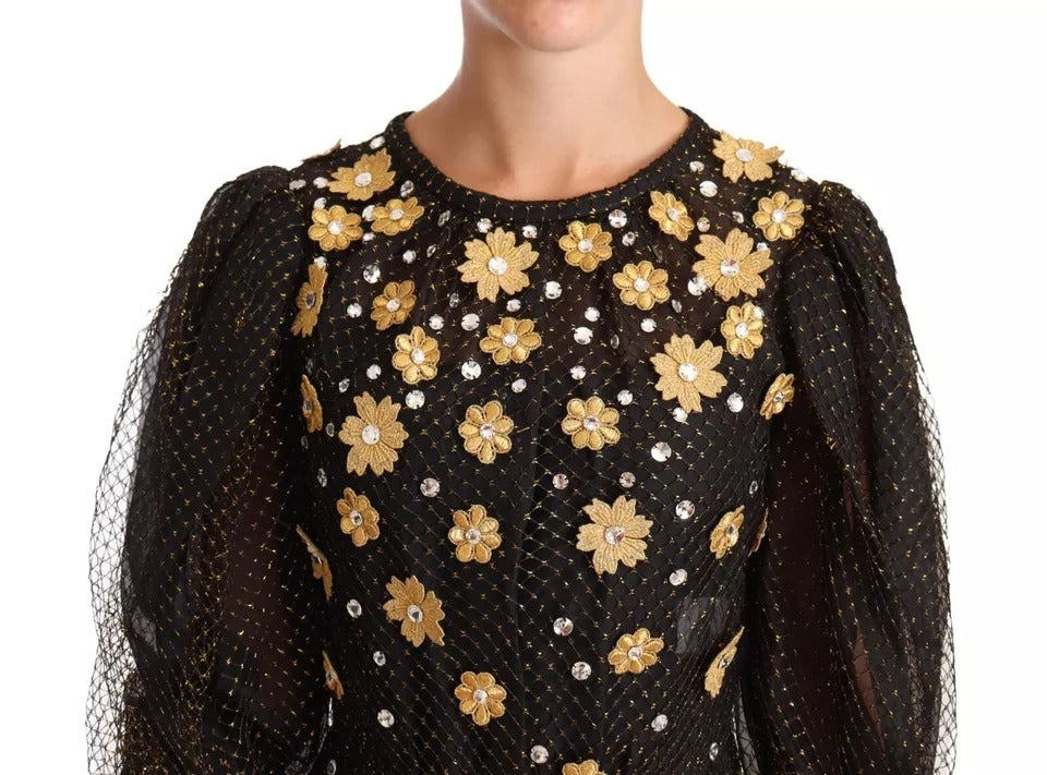 Indulge in the exquisite allure of the Dolce & Gabbana Black Crystal Floral Maxi Ball Gown, a masterpiece of silk and crystal, perfect for unforgettable soirées.