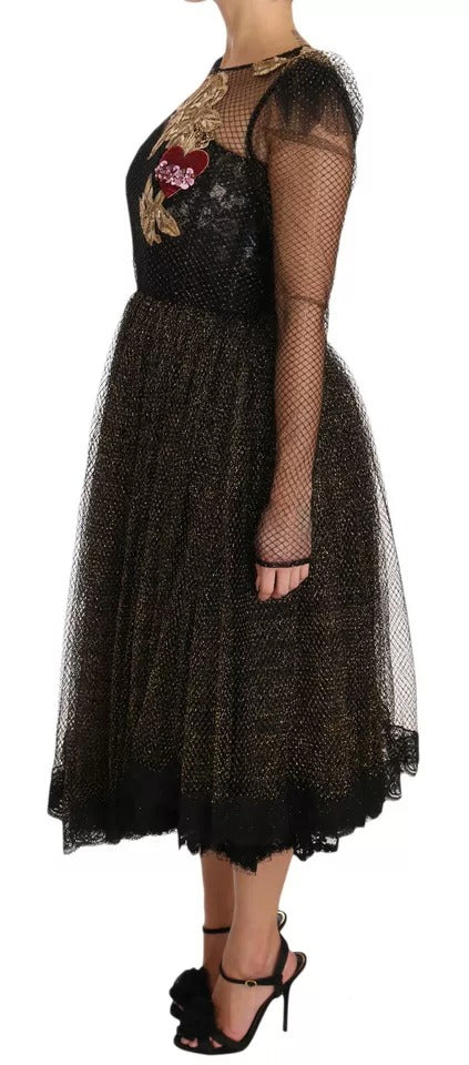 Experience the allure of the Dolce & Gabbana Black Gold Crystal Heart A-line Dress, where exquisite craftsmanship meets luxurious materials, perfect for any sophisticated occasion.