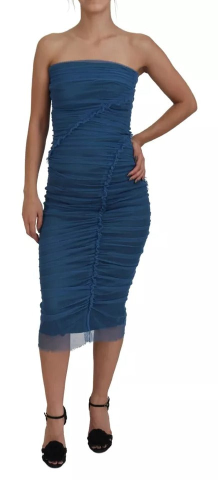Experience the allure of the Dolce & Gabbana Blue Mesh Trim Ruched Tulle Sheath Dress, where exquisite craftsmanship meets timeless elegance, perfect for any sophisticated occasion.