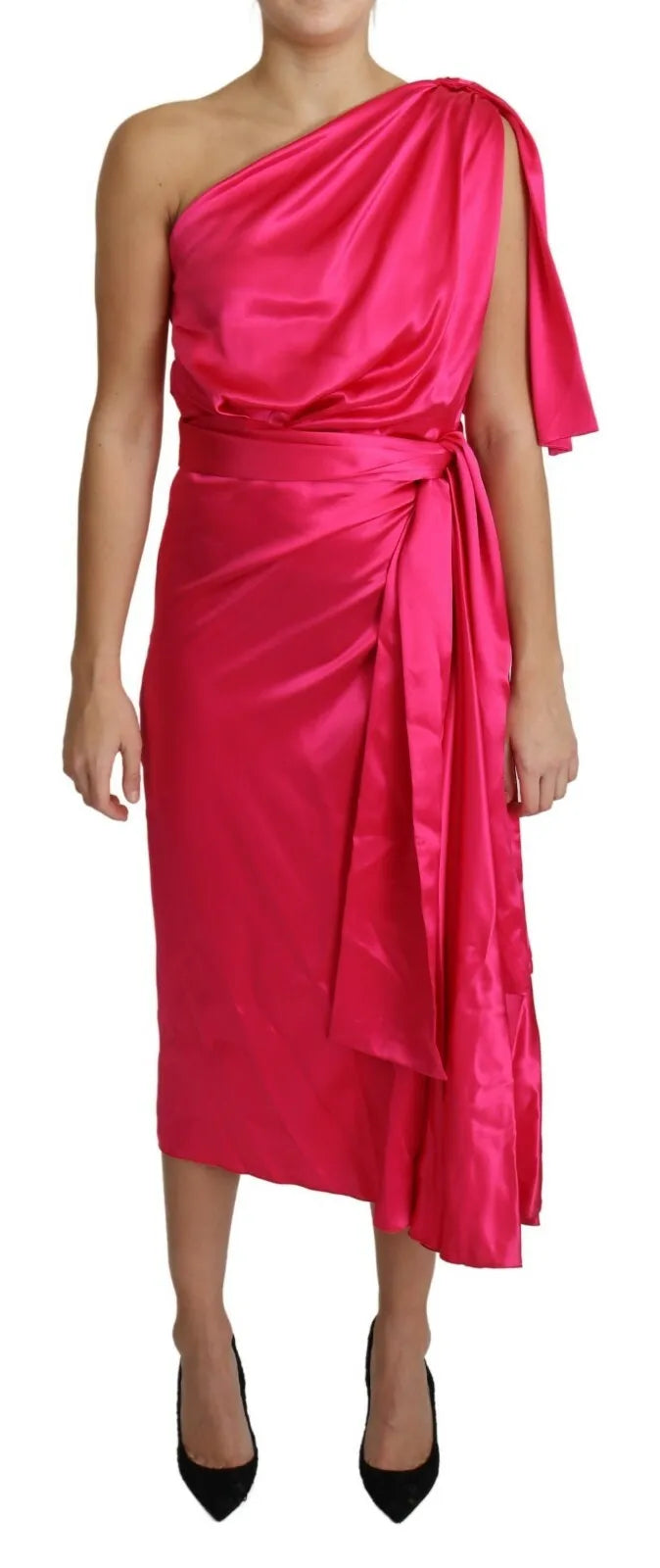 Indulge in the exquisite allure of the Dolce & Gabbana Fuchsia Fitted Cut One Shoulder Midi Dress, a timeless silk masterpiece that embodies luxury and sophistication.