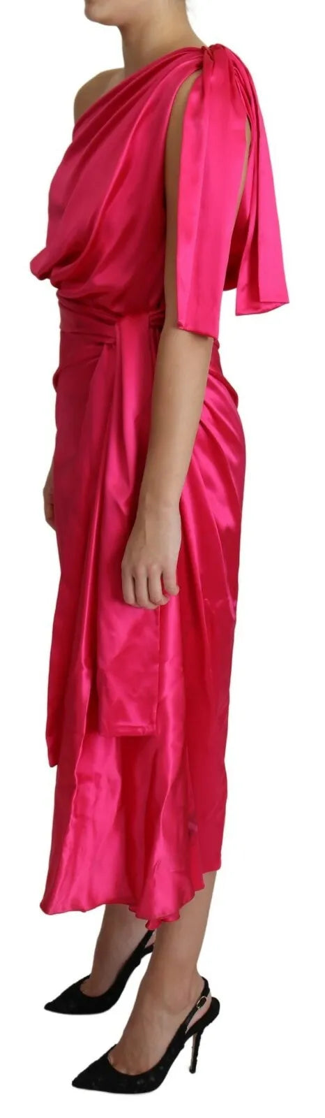 Indulge in the allure of the Dolce & Gabbana Fuchsia Fitted Cut One Shoulder Midi Dress, a masterpiece of Italian silk and exquisite craftsmanship, perfect for timeless elegance.