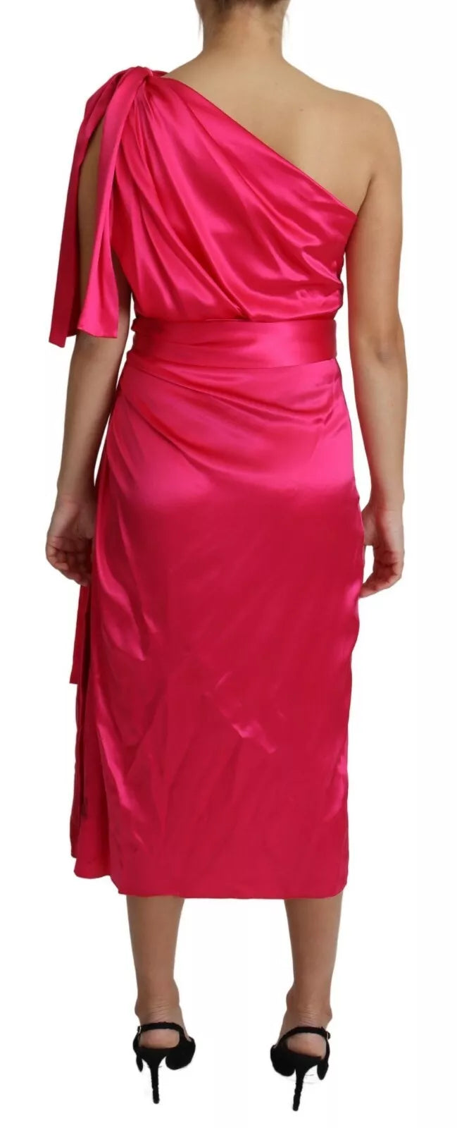 Indulge in the allure of the Dolce & Gabbana Fuchsia Fitted Cut One Shoulder Midi Dress, a masterpiece of Italian silk craftsmanship that embodies timeless elegance and sophistication.