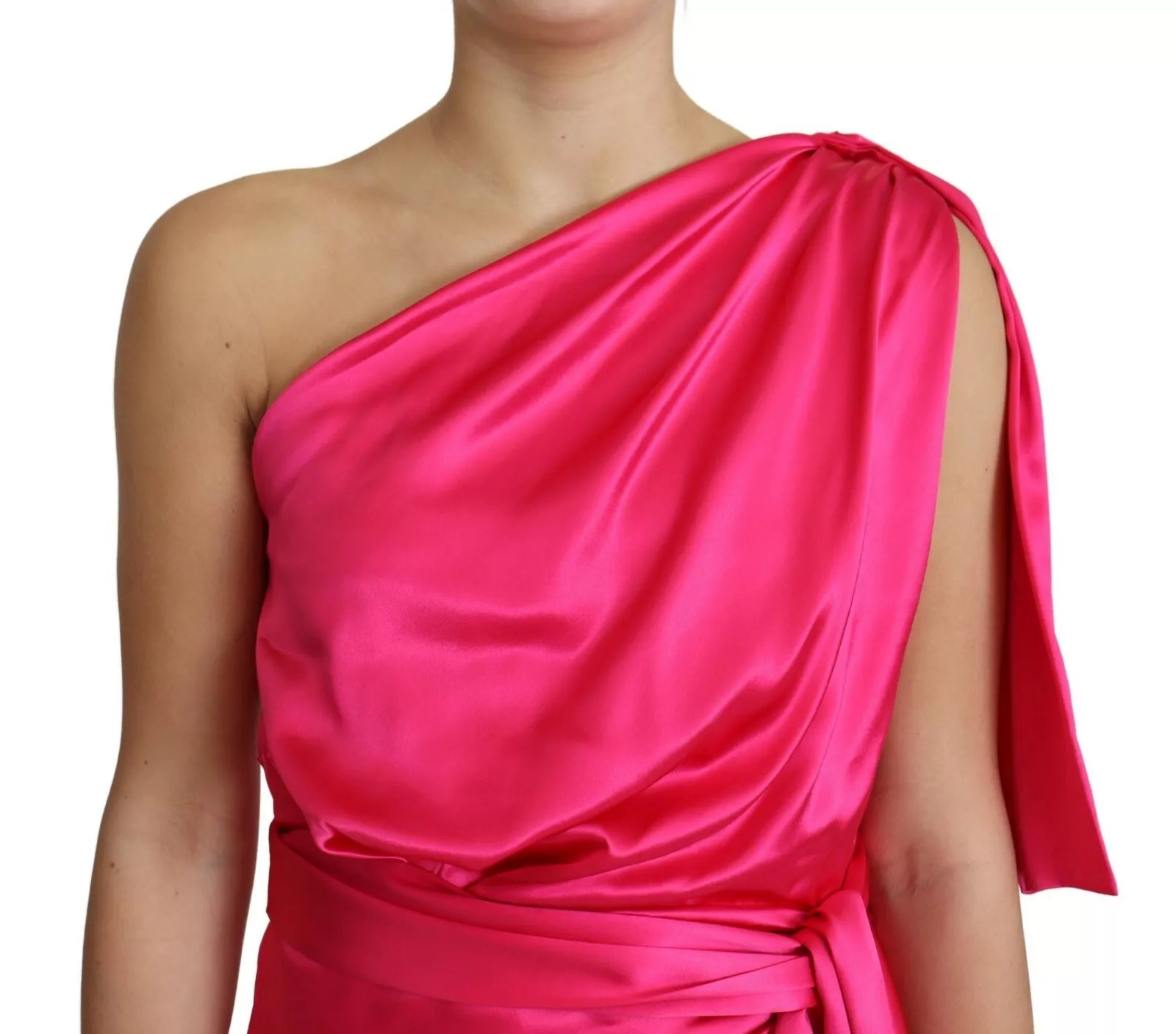 Indulge in the exquisite allure of the Dolce & Gabbana Fuchsia Fitted Cut One Shoulder Midi Dress, a silk masterpiece embodying timeless elegance and Italian craftsmanship.