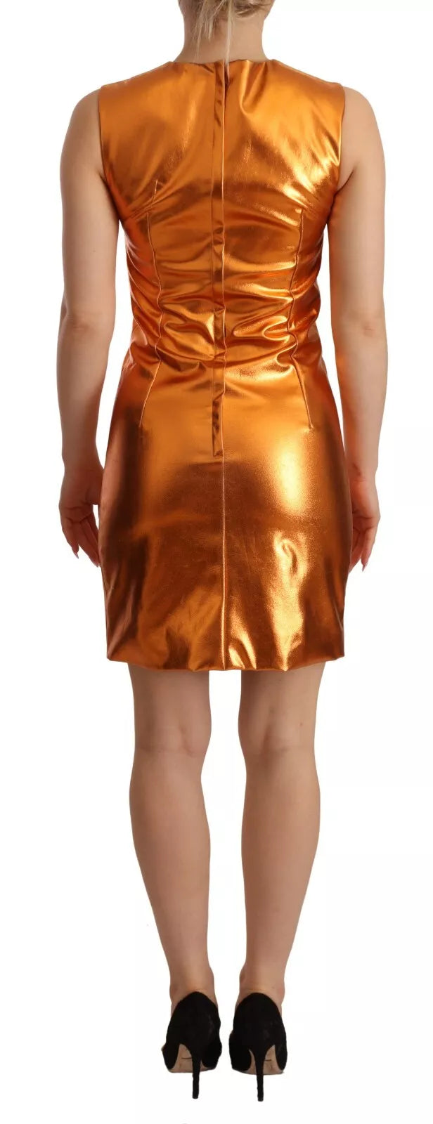 Elevate your wardrobe with the Dolce & Gabbana Metallic Orange Sleeveless Sheath Dress, a masterpiece of Italian craftsmanship that embodies timeless elegance and allure.