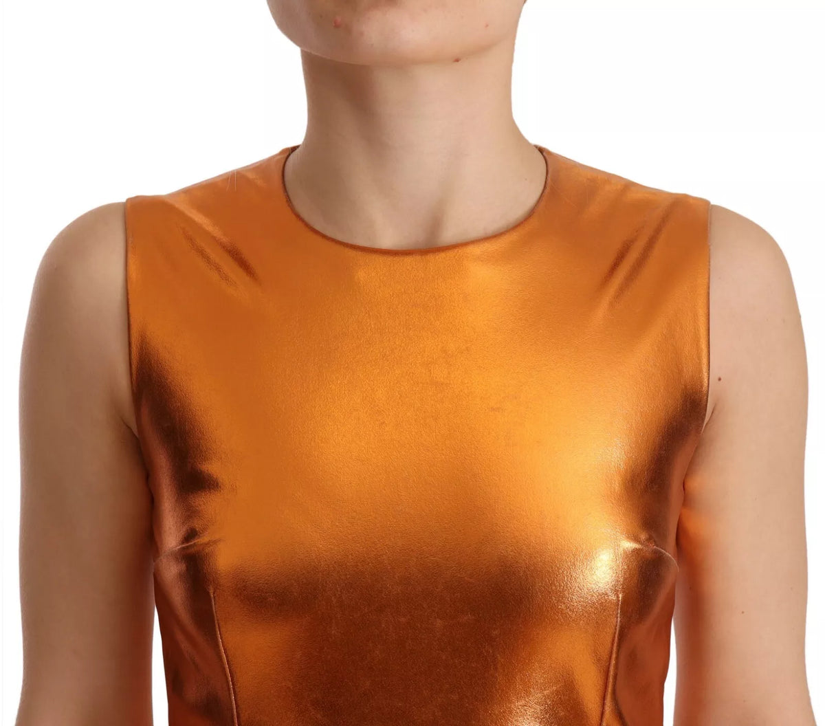 Elevate your elegance with the Dolce & Gabbana Metallic Orange Sleeveless Sheath Dress, a masterpiece of Italian craftsmanship that embodies timeless allure and sophistication.