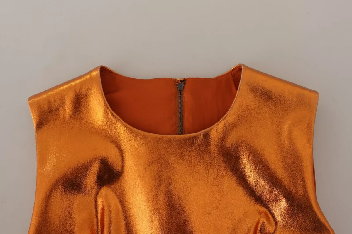 Indulge in the exquisite allure of the Dolce & Gabbana Metallic Orange Sleeveless Sheath Dress, a testament to Italian craftsmanship and timeless elegance, perfect for any sophisticated occasion.