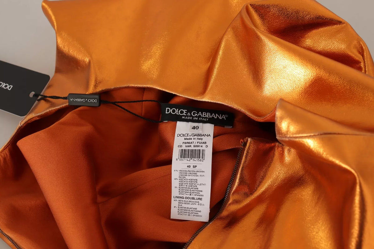 Elevate your elegance with the Dolce & Gabbana Metallic Orange Sleeveless Sheath Dress, a masterpiece of Italian craftsmanship that embodies luxury and allure.