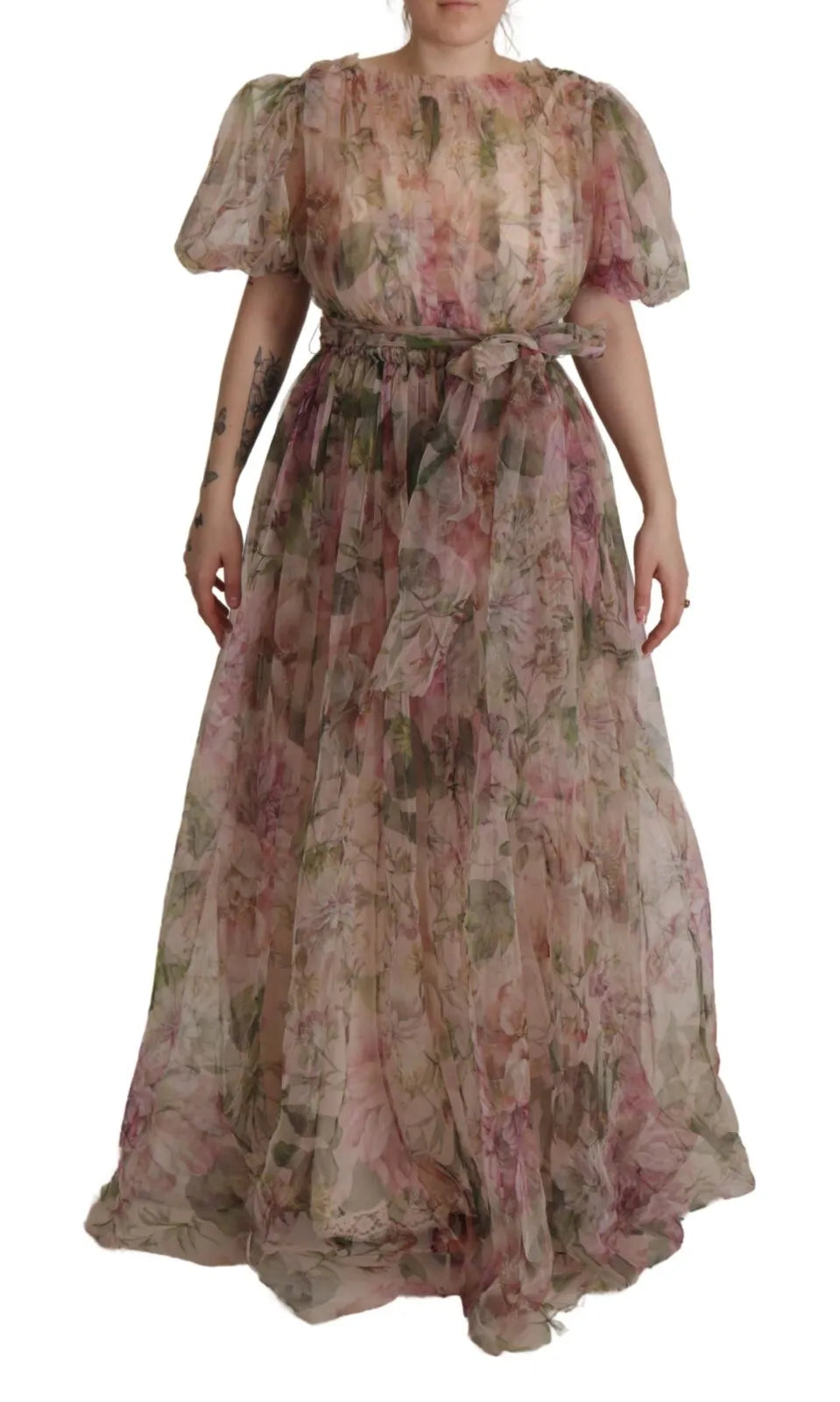 Experience the allure of Dolce & Gabbana's Multicolor Floral Print Long Maxi Gown, crafted in Italy from luxurious materials, perfect for unforgettable moments of elegance.