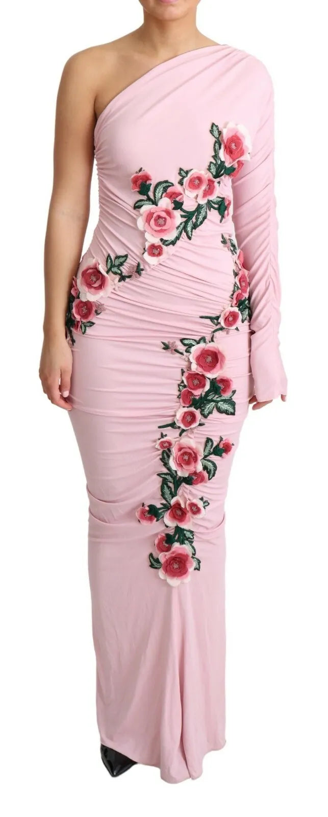 Indulge in the exquisite Dolce & Gabbana Pink Flower Embellished One Shoulder Dress, a symbol of refined elegance and Italian craftsmanship, perfect for unforgettable moments.