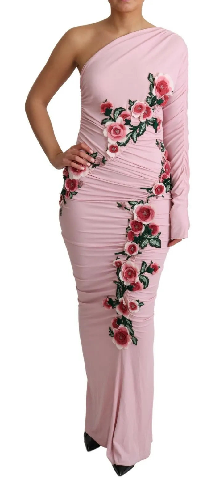 Elevate your elegance with the Dolce & Gabbana Pink Flower Embellished One Shoulder Dress, a masterpiece of Italian craftsmanship that embodies romance and sophistication.