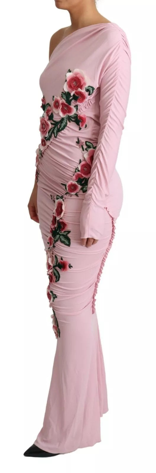Indulge in the exquisite Dolce & Gabbana Pink Flower Embellished One Shoulder Dress, where Italian craftsmanship meets romantic elegance, perfect for unforgettable occasions.