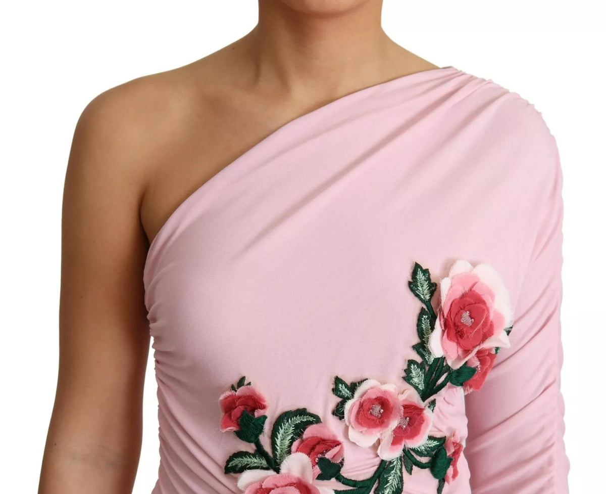 Elevate your elegance with the Dolce & Gabbana Pink Flower Embellished One Shoulder Dress, a masterpiece of Italian craftsmanship in luxurious rayon and elastane.