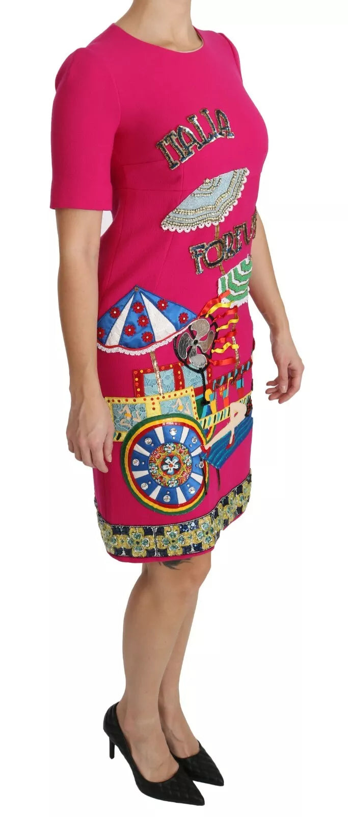 Experience the allure of the Dolce & Gabbana Pink Italia Forever Crystal Sheath Dress, crafted from luxurious wool and silk, embodying timeless elegance and exquisite craftsmanship.