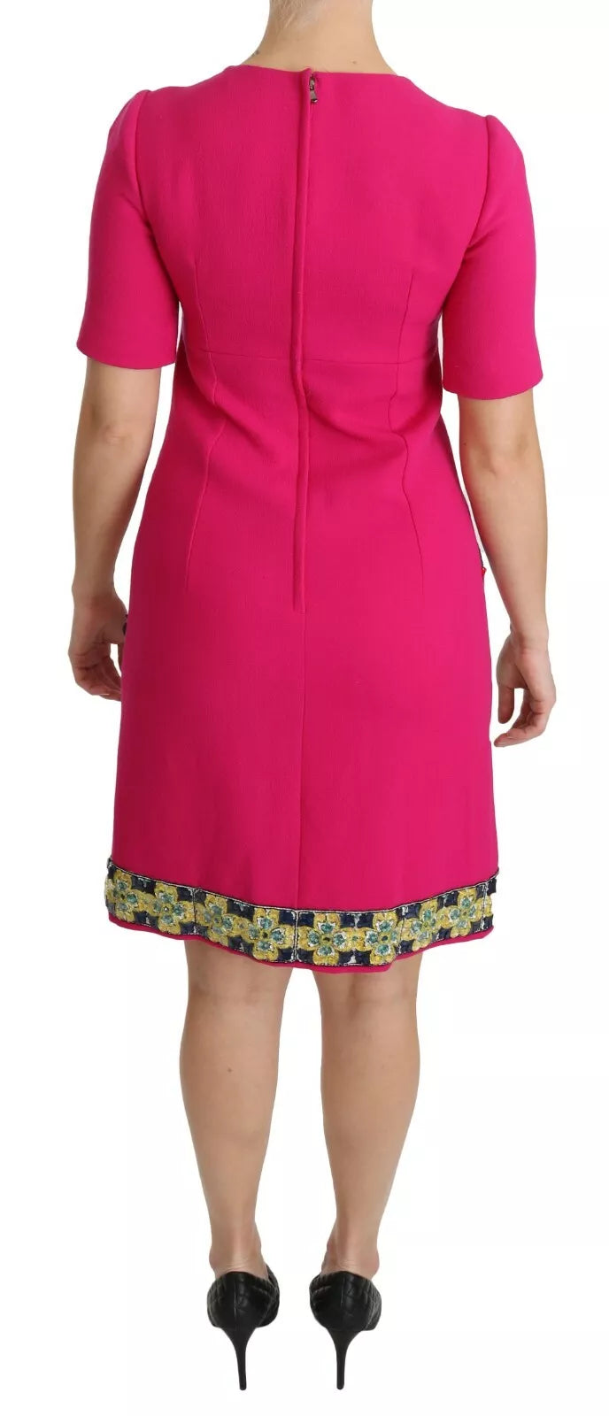 Indulge in the exquisite allure of the Dolce & Gabbana Pink Italia Forever Crystal Sheath Dress, a timeless masterpiece crafted from luxurious wool and silk, perfect for the discerning individual.