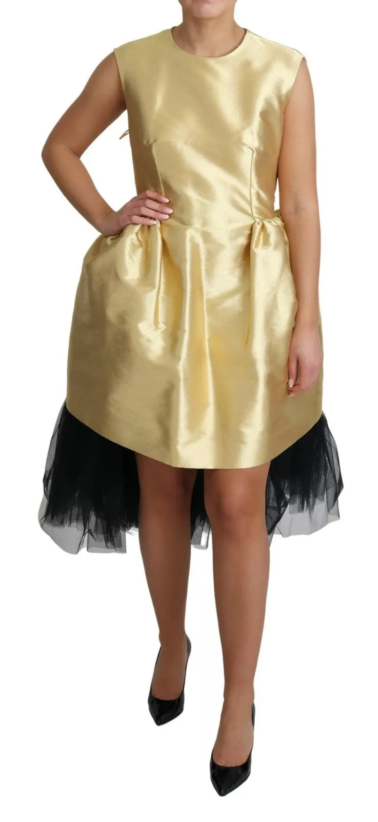 Experience the allure of the Dolce & Gabbana Gold Sleeveless A-line Tulle Dress, a masterpiece of Italian craftsmanship that embodies timeless elegance and sophistication.