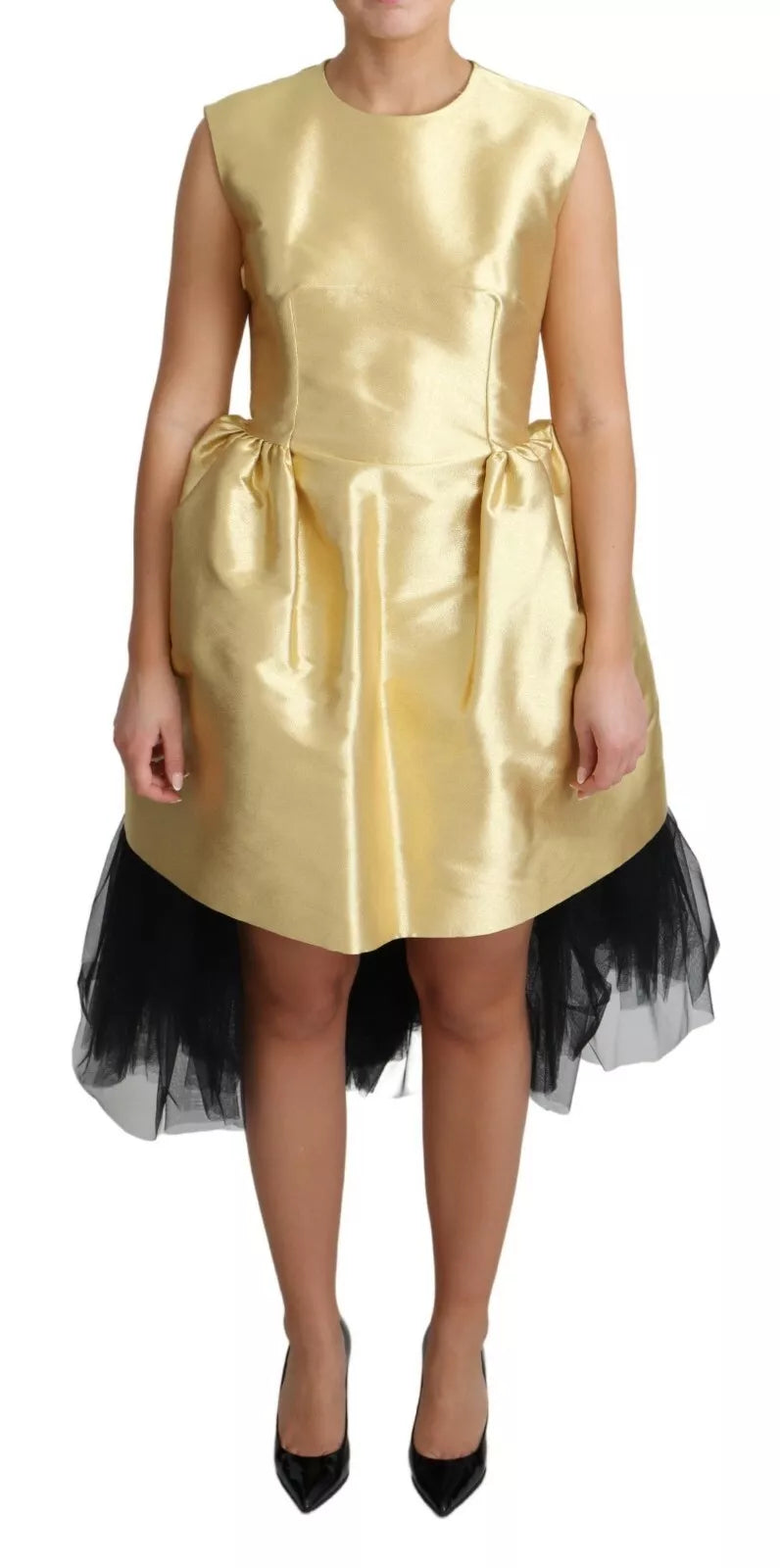 Indulge in the exquisite allure of the Dolce & Gabbana Gold Sleeveless A-line Tulle Dress, a masterpiece of Italian craftsmanship that elevates every occasion with timeless elegance.
