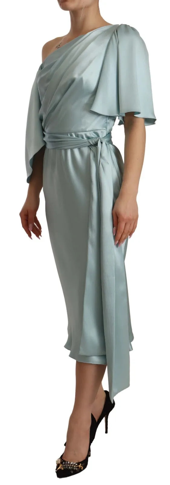 Indulge in the exquisite Dolce & Gabbana Silk Mint Green One Shoulder Midi Dress, a timeless piece crafted from luxurious silk, embodying elegance and sophistication for the discerning individual.
