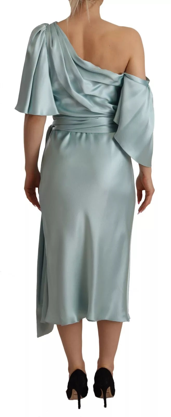 Elevate your elegance with the Dolce & Gabbana Silk Mint Green One Shoulder Midi Dress, a luxurious blend of silk and craftsmanship that embodies timeless sophistication.