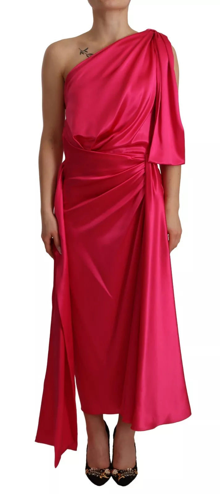 Indulge in the exquisite allure of the Dolce & Gabbana Silk Pink Fitted One Shoulder Midi Dress, a masterpiece of Italian craftsmanship that embodies timeless elegance and sophistication.
