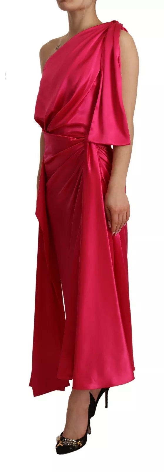 Indulge in the exquisite allure of the Dolce & Gabbana Silk Pink Fitted One Shoulder Midi Dress, a testament to Italian craftsmanship and timeless elegance, perfect for any luxurious occasion.