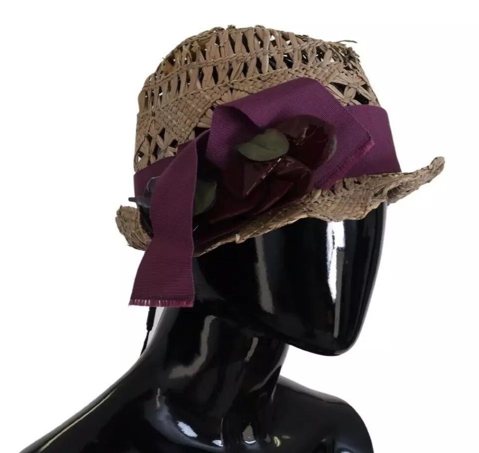 Indulge in the exquisite Dolce & Gabbana Brown Ribbon Floral Embellished Straw Hat, a handcrafted masterpiece that elevates your sun-soaked elegance with timeless allure.