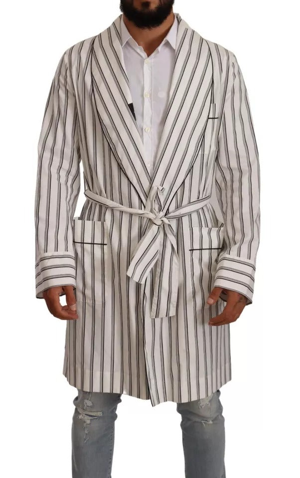 Indulge in the Dolce & Gabbana White Striped Cotton Robe Coat Wrap Jacket, a masterpiece of Italian craftsmanship that elevates your sophisticated style with timeless elegance.