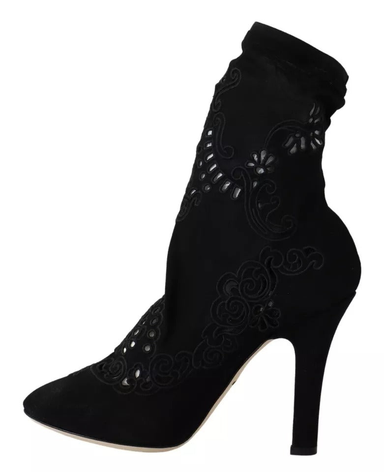 Experience the allure of Dolce & Gabbana's Black Stretch Pumps, where exquisite floral lace meets luxurious craftsmanship, perfect for the discerning connoisseur.