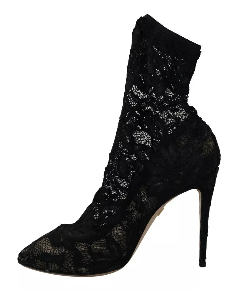 Indulge in the exquisite allure of Dolce & Gabbana's Black Stretch Socks Taormina Lace Boots, where Italian craftsmanship meets timeless elegance for a captivating statement.