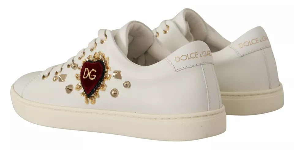 Dolce & Gabbana White Leather Gold Red Heart Sneakers - Couture