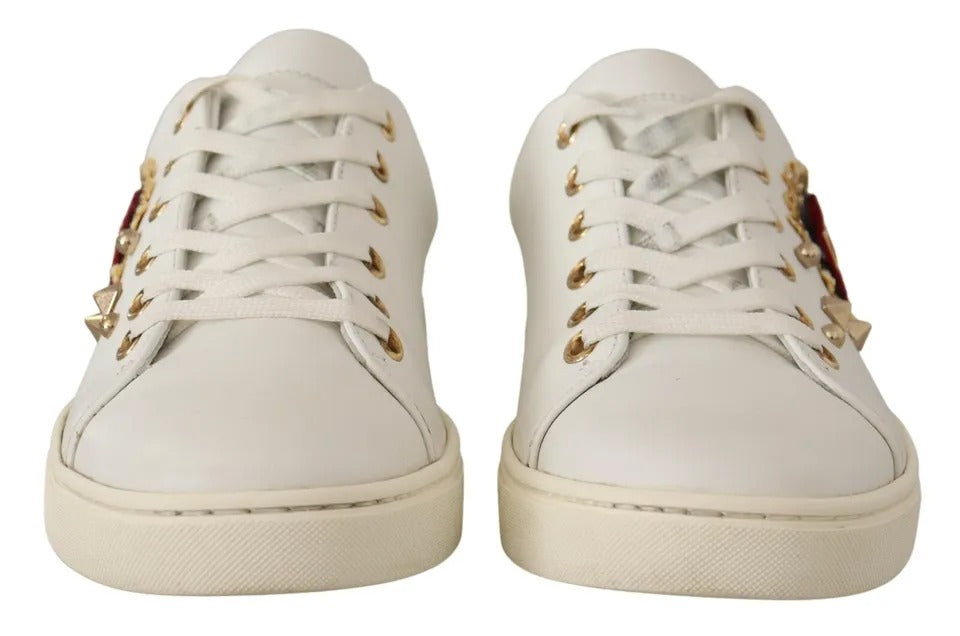 Dolce & Gabbana White Leather Gold Red Heart Sneakers - Couture