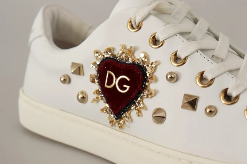 Dolce & Gabbana White Leather Gold Red Heart Sneakers - Couture