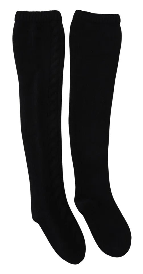 Indulge in the exquisite Dolce & Gabbana Black Wool Knit Calf Long Women Accessory Socks, crafted from 100% virgin wool, embodying luxury and timeless elegance.