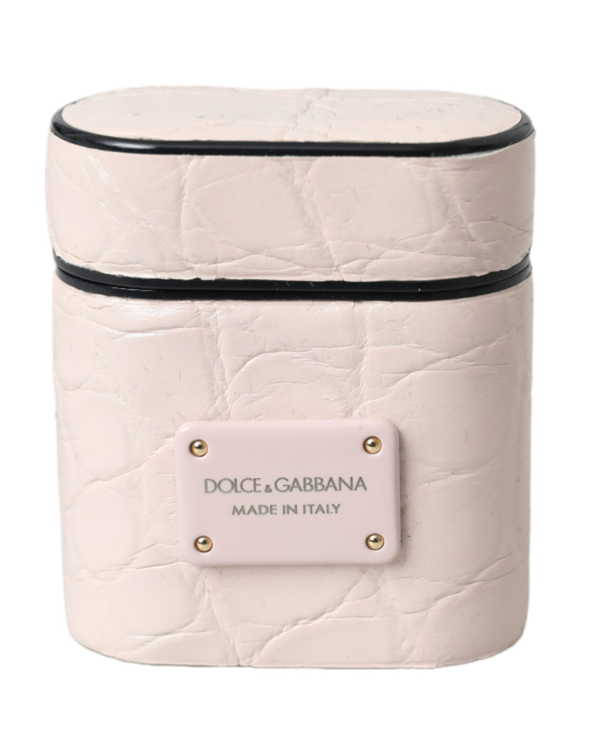 Indulge in the exquisite Dolce & Gabbana Light Pink Leather Airpods Case, a fusion of artisanal luxury and timeless elegance, crafted from sumptuous Caiman leather in Italy.
