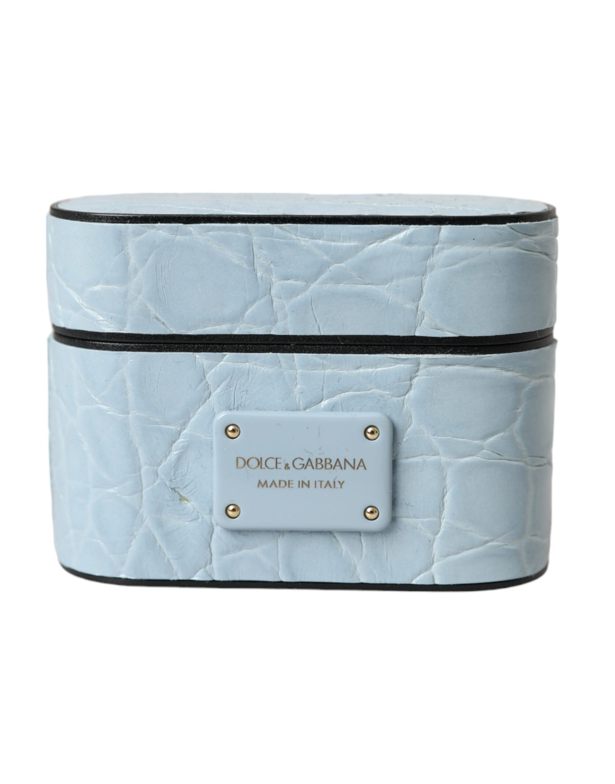 Elevate your style with the Dolce & Gabbana Light Blue Leather Airpods Case, a luxurious blend of 100% Caiman leather and iconic Italian craftsmanship, designed for the discerning individual.